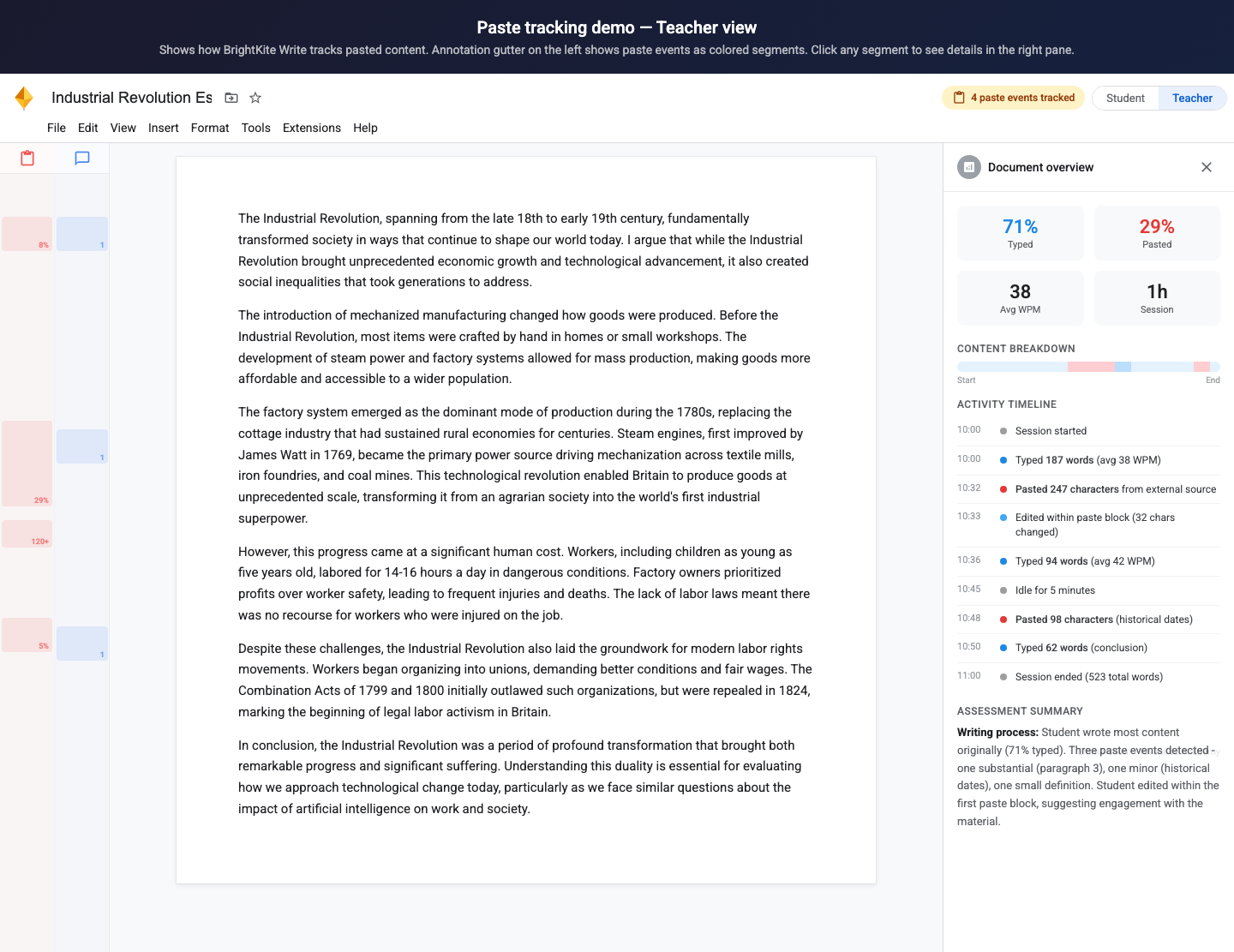 BrightKite Write - teacher view showing paste tracking and edit history